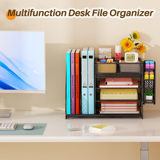 Desk Organiser File Holder, 5-Tier Paper Letter Tray Organiser with Drawer, 4 Pen Holder, Mesh Desktop Storage with Magazine Holder for Office Supplies (Black)