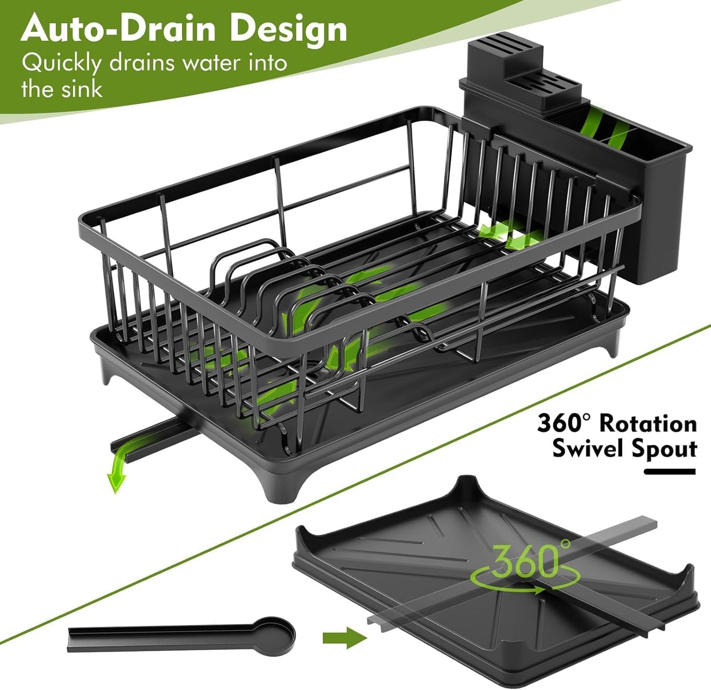 SavvyStor Dish Drainer Rack - Space Saving Dish Rack for Kitchen Counter, Kitchen Dish Drainer with Utensil Holder, Drain Board, Black