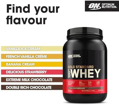 Optimum Nutrition 100% Gold Standard Whey Protein Powder, 24g Protein, Double Rich Chocolate, BCAA, Low-Sugar, Fast-Digesting Isolate for Muscle Gain & Recovery, 899 g, 29 Servings