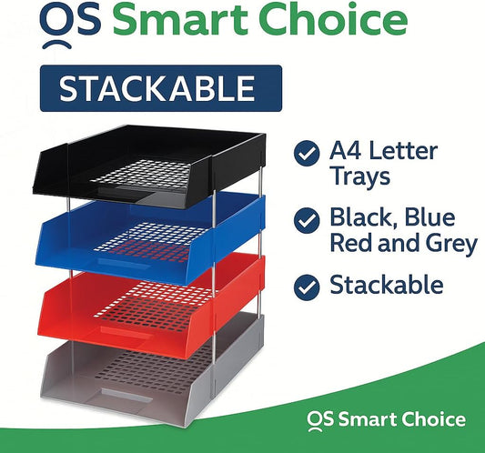 A4 Letter Trays, 3-Tier Stackable Document Organiser, Plastic Desktop Filing System, BLACK