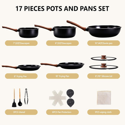 ROVSUN 17 Pcs Nonstick Pots and Pans Set, Cast Aluminum Kitchen Cookware Set, RV Kitchen Cooking Set and Utensils, Dishwasher Safe, PFAS PFOA & PFOS Free, Black