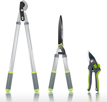 Updated 3PCS Garden Shears Set with 72cm Tree Loppers Heavy Duty, 58cm Professional Heavy Duty Hedge Clippers, 20cm Sharp Pruning Shears as Tree & Shrub Care Kit，Chops Thick High Branch Ease