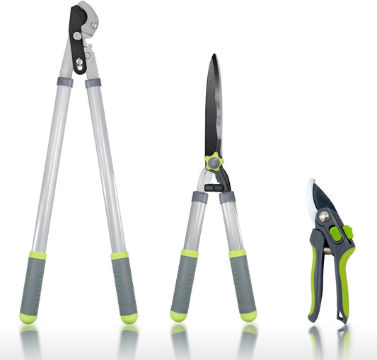 Updated 3PCS Garden Shears Set with 72cm Tree Loppers Heavy Duty, 58cm Professional Heavy Duty Hedge Clippers, 20cm Sharp Pruning Shears as Tree & Shrub Care Kit，Chops Thick High Branch Ease