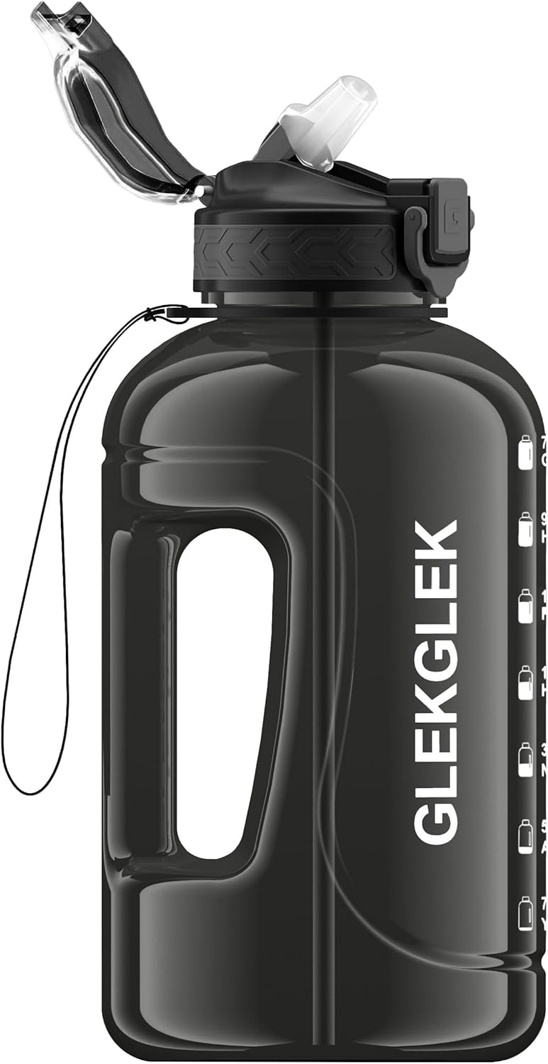 2 Litre Water Bottle with Straw, BPA Free Large Drinks Bottle for Gym, Office, Outdoors Sport (Black)