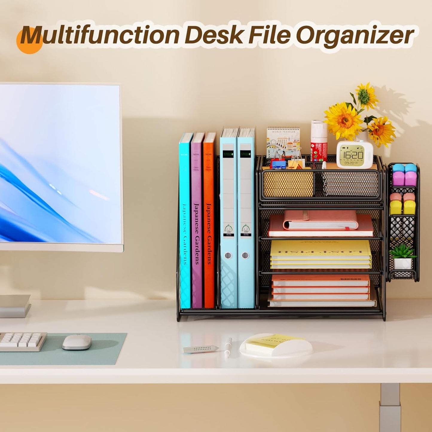 Desk Organiser File Holder, 5-Tier Paper Letter Tray Organiser with Drawer, 4 Pen Holder, Mesh Desktop Storage with Magazine Holder for Office Supplies (Black)