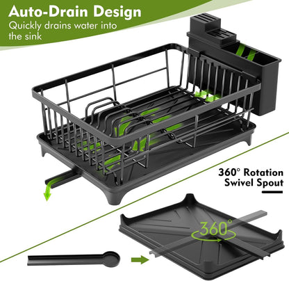 SavvyStor Dish Drainer Rack - Space Saving Dish Rack for Kitchen Counter, Kitchen Dish Drainer with Utensil Holder, Drain Board, Black