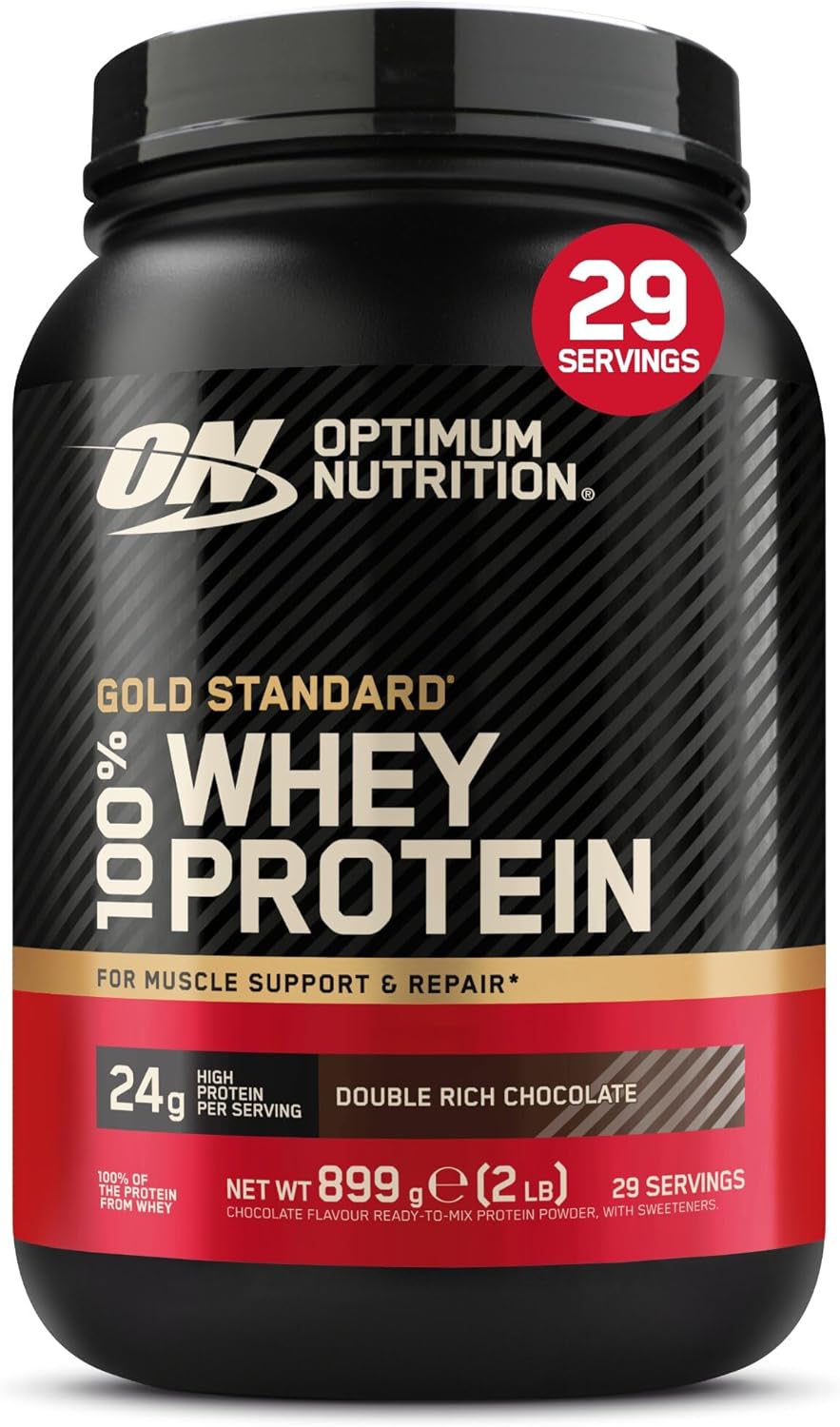 Optimum Nutrition 100% Gold Standard Whey Protein Powder, 24g Protein, Double Rich Chocolate, BCAA, Low-Sugar, Fast-Digesting Isolate for Muscle Gain & Recovery, 899 g, 29 Servings