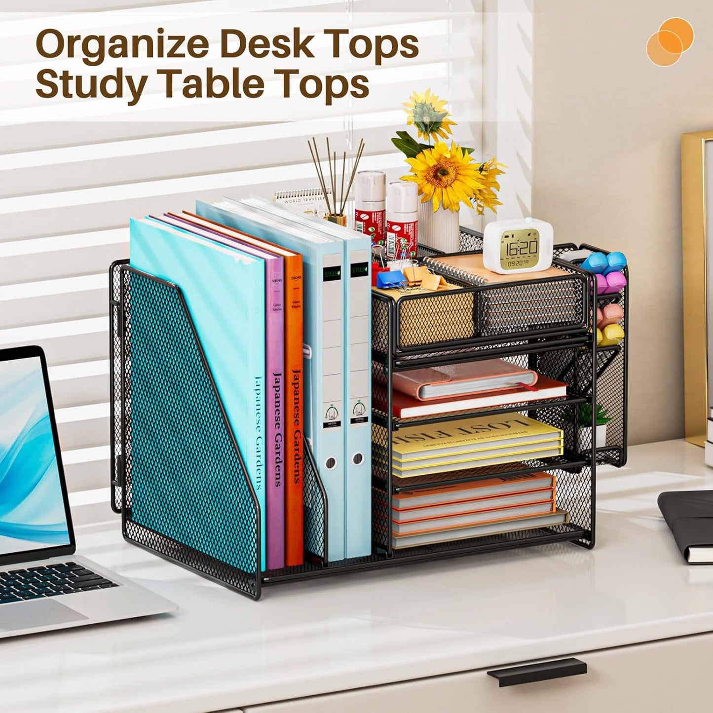 Desk Organiser File Holder, 5-Tier Paper Letter Tray Organiser with Drawer, 4 Pen Holder, Mesh Desktop Storage with Magazine Holder for Office Supplies (Black)
