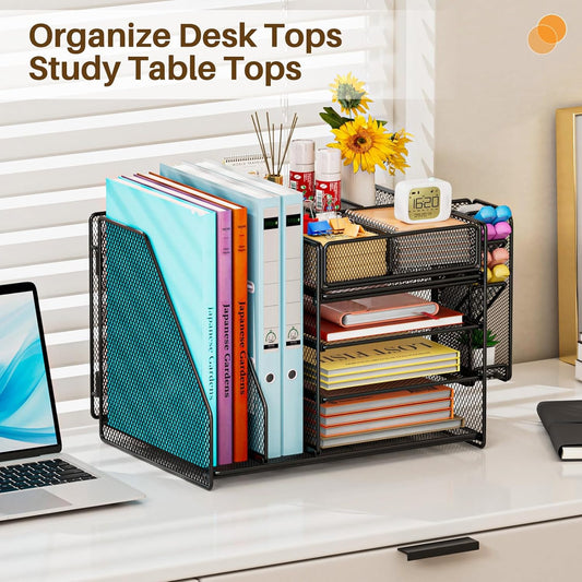 Desk Organiser File Holder, 5-Tier Paper Letter Tray Organiser with Drawer, 4 Pen Holder, Mesh Desktop Storage with Magazine Holder for Office Supplies (Black)