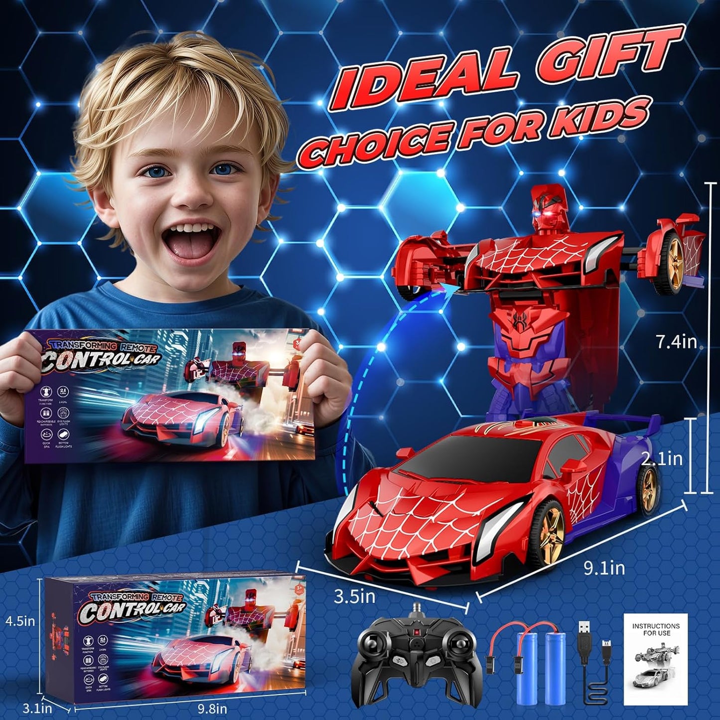 Remote Control Transform Car w Eye & Underbody Lights, 2.4GHz Web RC Car & Robot One-Button Deformation & 360°Rotation, Boys Toys Gifts Present for 3 4 5 6 7 8 9 Year Old Boys Kids Toys Age 3-12