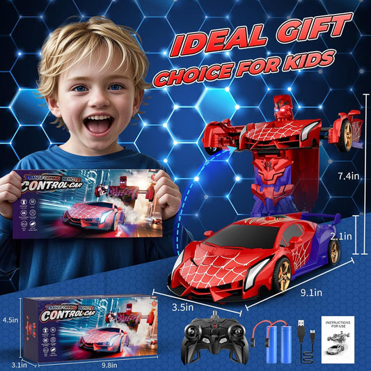 Remote Control Transform Car w Eye & Underbody Lights, 2.4GHz Web RC Car & Robot One-Button Deformation & 360°Rotation, Boys Toys Gifts Present for 3 4 5 6 7 8 9 Year Old Boys Kids Toys Age 3-12