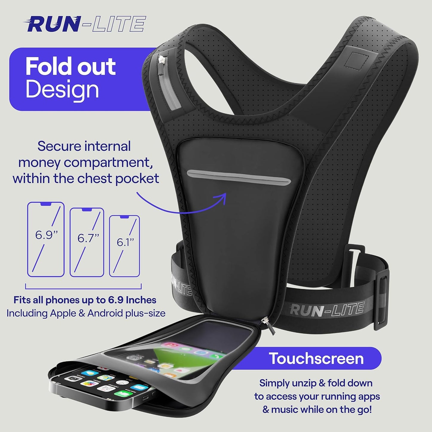 Run Lite® Running Vest with Waterproof Phone Holder, Adjustable Belt, Reflective Design, 2 Pockets for Keys/Gels, Fits Phones Up to 6.8” (Unisex Adult)