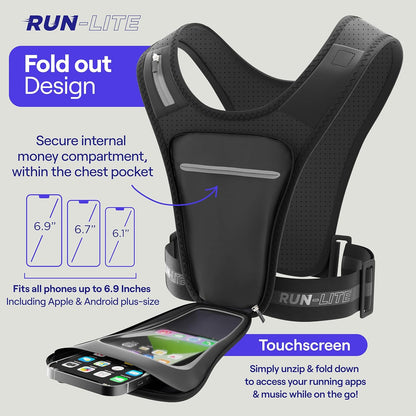 Run Lite® Running Vest with Waterproof Phone Holder, Adjustable Belt, Reflective Design, 2 Pockets for Keys/Gels, Fits Phones Up to 6.8” (Unisex Adult)