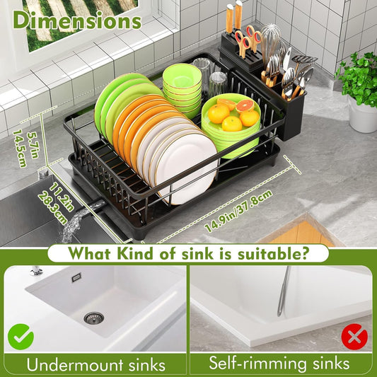 SavvyStor Dish Drainer Rack - Space Saving Dish Rack for Kitchen Counter, Kitchen Dish Drainer with Utensil Holder, Drain Board, Black