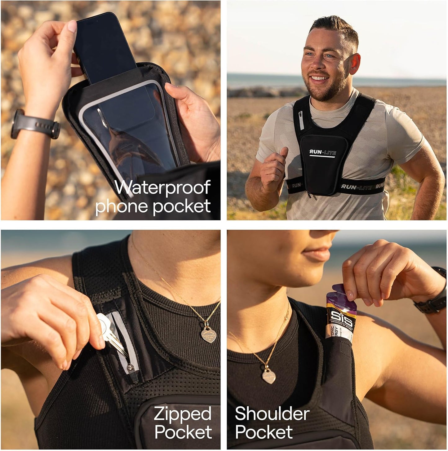 Run Lite® Running Vest with Waterproof Phone Holder, Adjustable Belt, Reflective Design, 2 Pockets for Keys/Gels, Fits Phones Up to 6.8” (Unisex Adult)