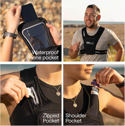 Run Lite® Running Vest with Waterproof Phone Holder, Adjustable Belt, Reflective Design, 2 Pockets for Keys/Gels, Fits Phones Up to 6.8” (Unisex Adult)